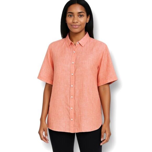 Tahari Linen Shirt Coral Button Down Oversized Blouse Coastal Preppy Resort S - Picture 1 of 7